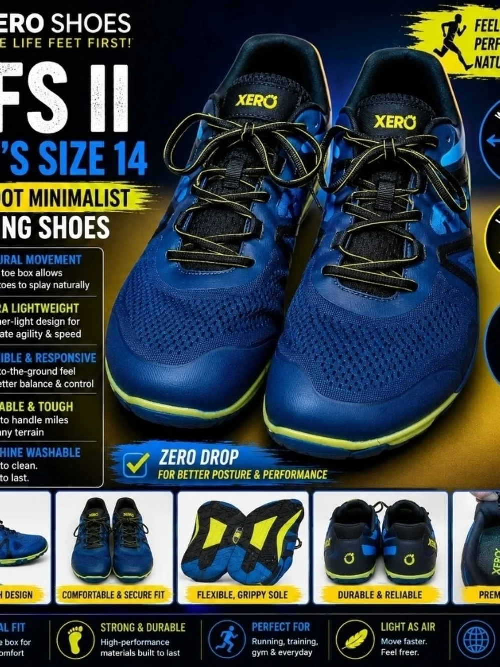 Xero Shoes HFS II Men’s Size 14 Blue Aster Barefoot Minimalist Running Shoes
